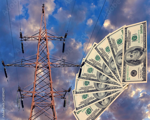 electric tower high voltage post  with american dollars banknote