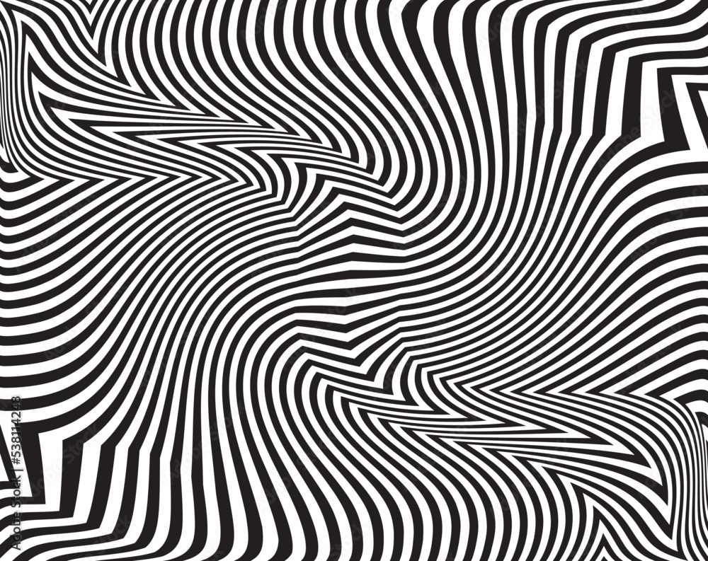 Line art optical art. Psychedelic background. Monochrome background. Optical illusion style. Black dark background. Tire Tracks. Graphic ornament. Vector template