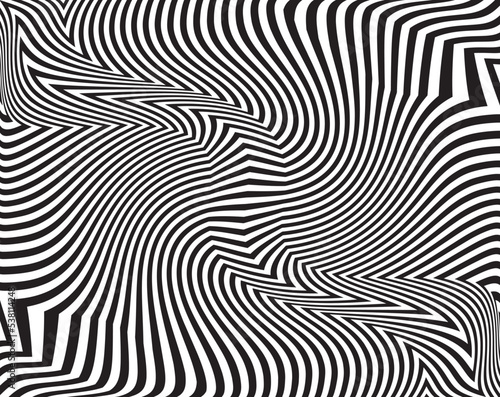 Line art optical art. Psychedelic background. Monochrome background. Optical illusion style. Black dark background. Tire Tracks. Graphic ornament. Vector template