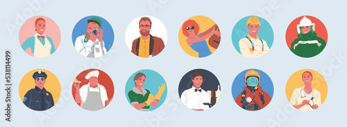 Set of portraits of people of different professions in round icons. Faces of male and female characters for social networks and web profiles. Cartoon vector illustration, isolated