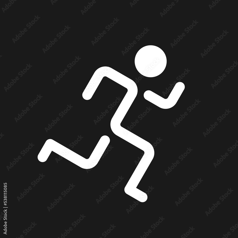 Running dark mode glyph ui icon. Active lifestyle. Jogging practice. User interface design. White silhouette symbol on black space. Solid pictogram for web, mobile. Vector isolated illustration Running dark mode glyph ui icon. Active lifestyle. Jogging practice. User interface design. White silhouette symbol on black space. Solid pictogram for web, mobile. Vector isolated illustration