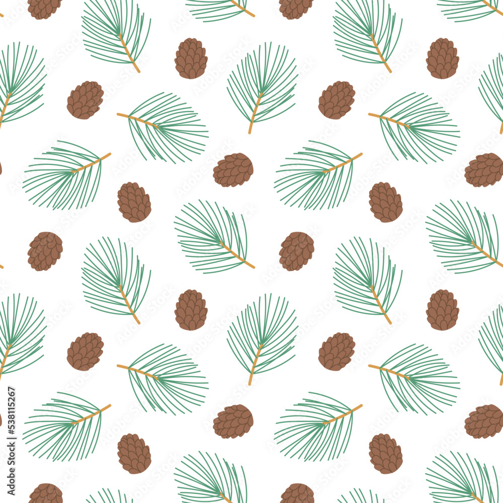 Seamless pattern with pine tree branches and pinecones. Winter background. Vector illustration for scrapbooking, wrapping paper, fabric, textile.