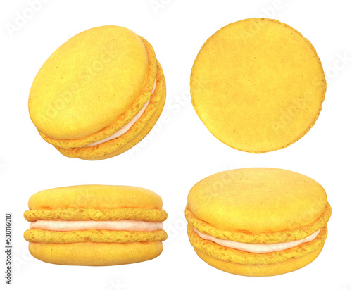 A set of yellow macaroons from different angles on the side, top, front on a white background, 3d render
