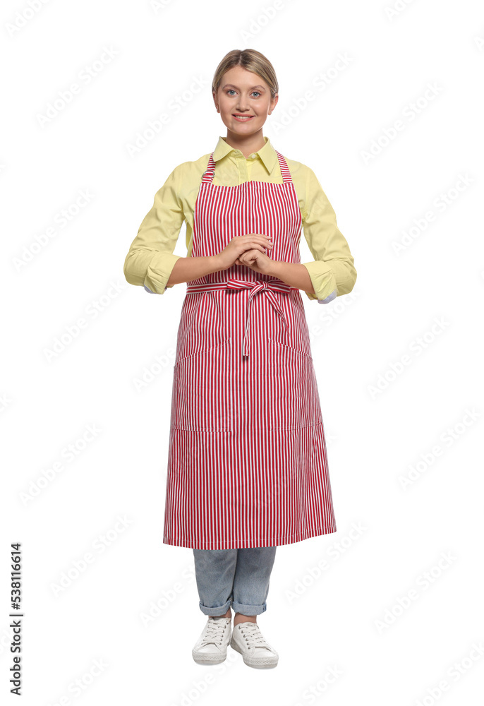 Beautiful young woman in clean striped apron on white background Beautiful young woman in clean striped apron on white background