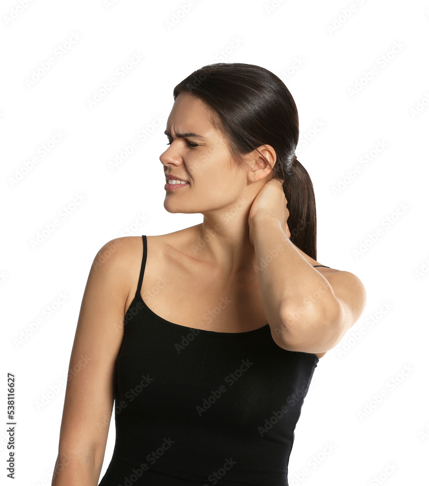 Young woman suffering from neck pain on white background Young woman suffering from neck pain on white background