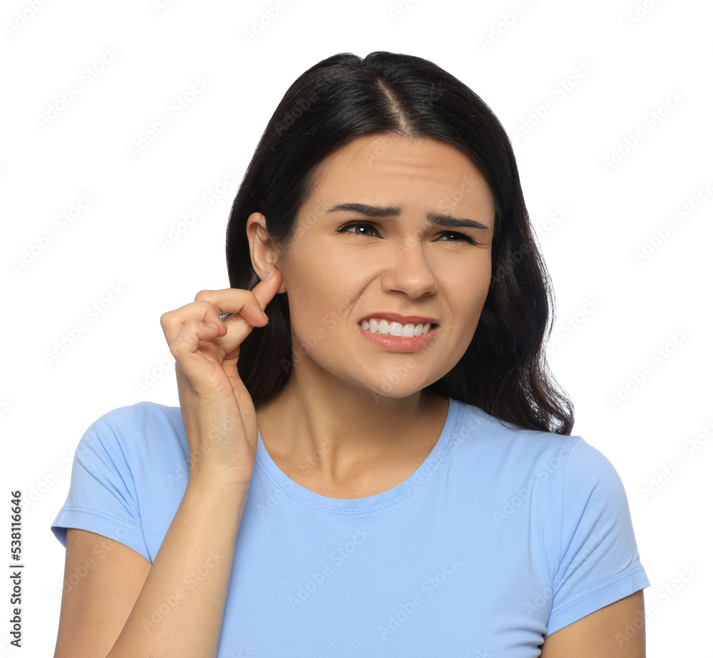 Young woman suffering from ear pain on white background Young woman suffering from ear pain on white background