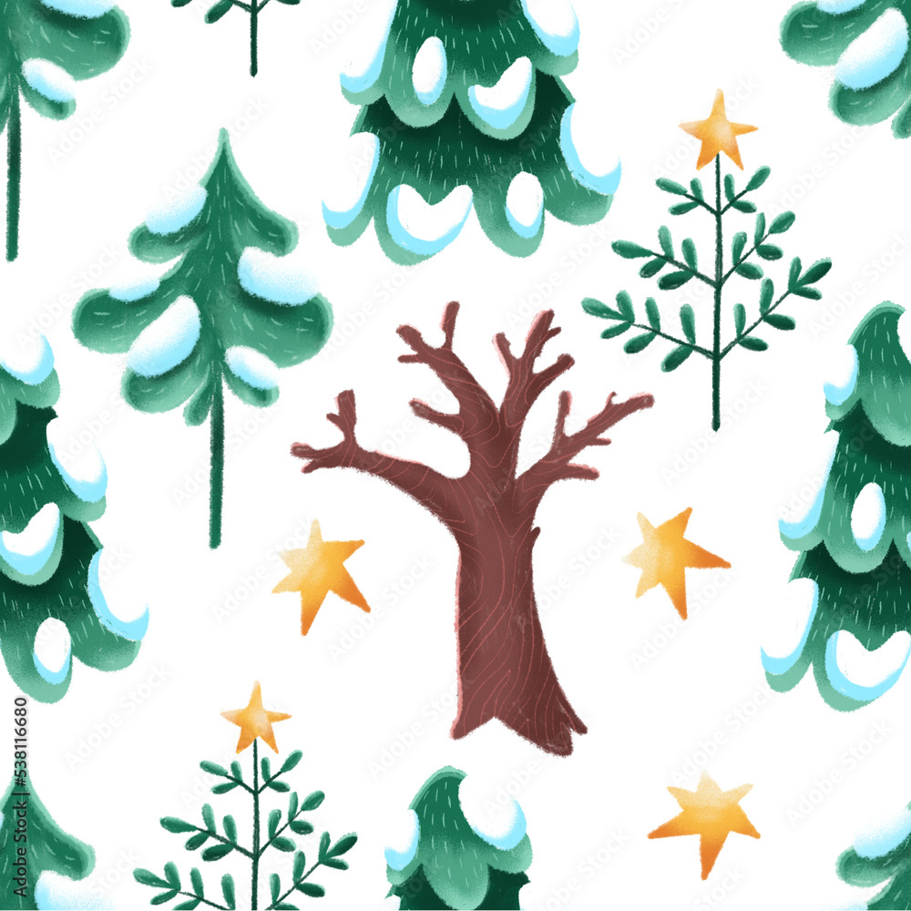 Textured seamless pattern with celebration mood and winter forest, christmas tree with stars Textured seamless pattern with celebration mood and winter forest, christmas tree with stars