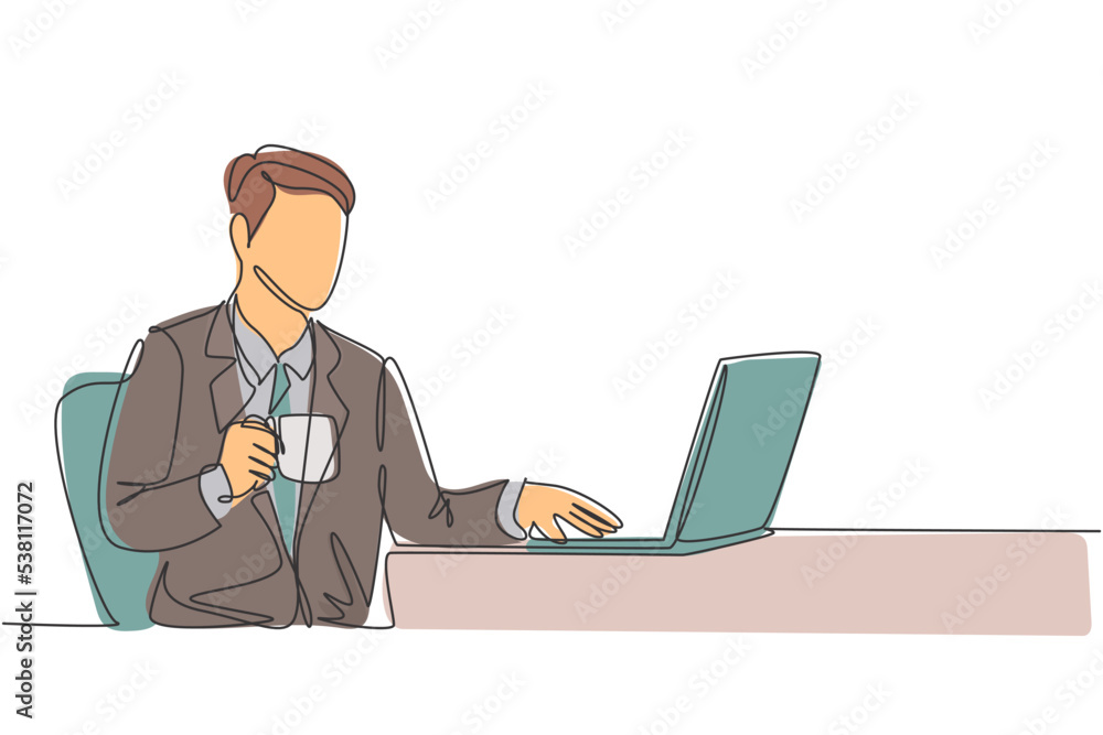One single line drawing of young happy manager typing on a laptop keyboard while holding a cup of coffee on his hand. Drinking tea concept continuous line symbol draw design vector illustration One single line drawing of young happy manager typing on a laptop keyboard while holding a cup of coffee on his hand. Drinking tea concept continuous line symbol draw design vector illustration