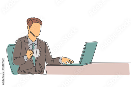 One single line drawing of young happy manager typing on a laptop keyboard while holding a cup of coffee on his hand. Drinking tea concept continuous line symbol draw design vector illustration