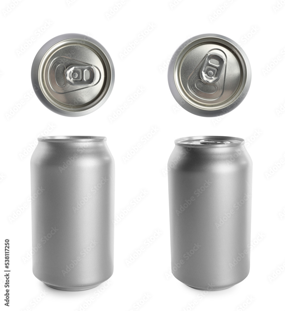 Set with aluminum beverage cans on white background Set with aluminum beverage cans on white background