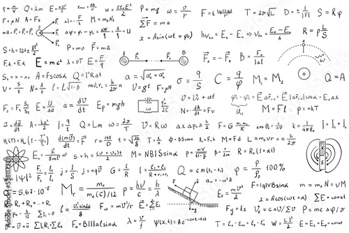 Canvas Print Many different physics formulas written on blackboard