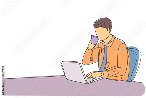 Single continuous line drawing of young happy manager checking report from team member while he enjoy to drink a cup of coffee at office. Drinking tea concept one line draw design vector illustration