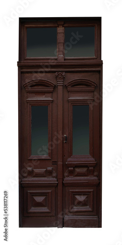Beautiful old-fashioned wooden door and transom window isolated on white