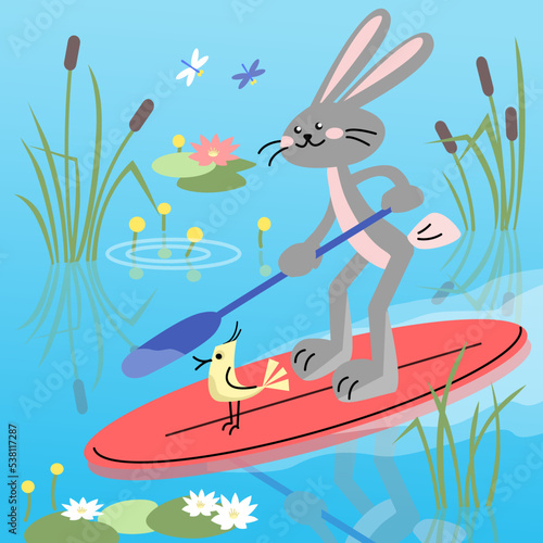Happy rabbit is paddling with paddle board on the water. Sup boarding outdoor activity. Vector colorful illustration in flat style.