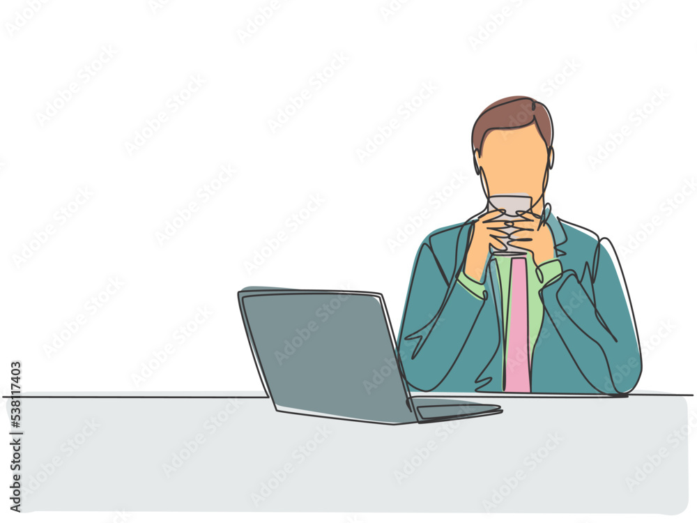 One continuous single line drawing of young happy marketing manager watching sales graph at laptop screen while enjoying aroma of the coffee. Drinking coffee concept cartoon design vector illustration One continuous single line drawing of young happy marketing manager watching sales graph at laptop screen while enjoying aroma of the coffee. Drinking coffee concept cartoon design vector illustration