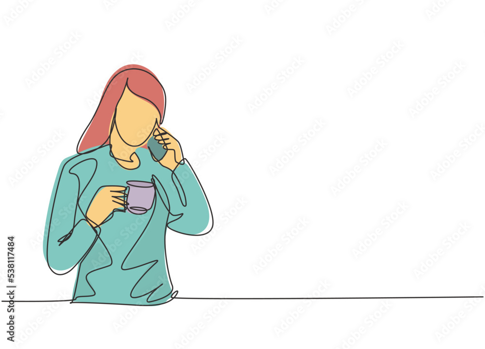 One single line drawing of young female office employee calling her work partner while holding a cup of coffee drink. Drinking tea concept continuous line draw graphic design vector illustration One single line drawing of young female office employee calling her work partner while holding a cup of coffee drink. Drinking tea concept continuous line draw graphic design vector illustration
