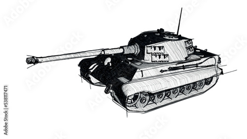 German tiger tank, line drawing of a World War 2 heavy type vehicle, sketch style illustration