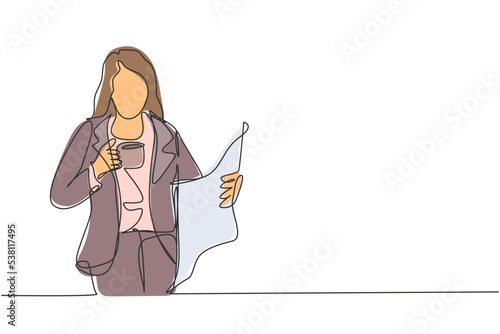 One continuous line drawing of young female marketing manager in casual reading newspaper while holding a cup of coffee drink. Drinking tea concept single line draw design vector graphic illustration