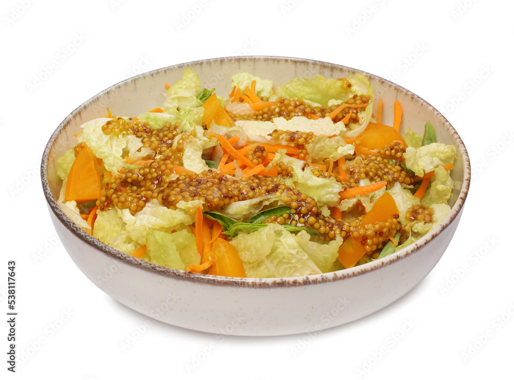 Delicious salad with Chinese cabbage and mustard seed dressing isolated on white Delicious salad with Chinese cabbage and mustard seed dressing isolated on white