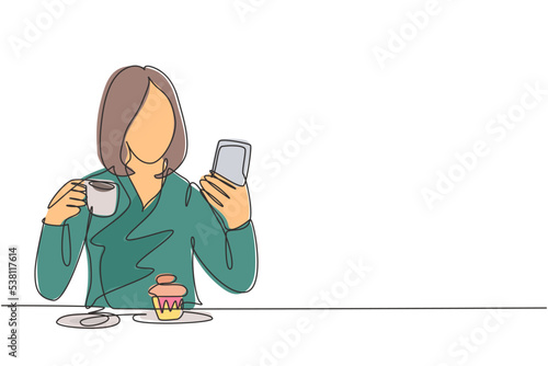One continuous line drawing of young female college student take a selfie while order a cup of coffee and cupcake at cafe. Drinking tea concept single line draw graphic design vector illustration