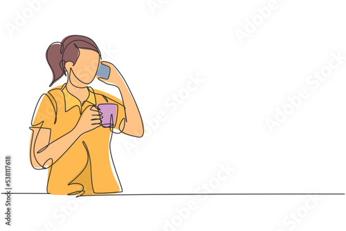 Single continuous line drawing of young female employee calling her partner on the phone while holding a cup of coffee drink. Drinking tea concept one line draw graphic design vector illustration