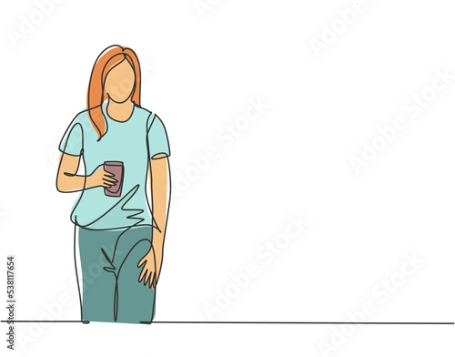 One single line drawing of young female college student standing wearing casual shirt holding a paper cup of coffee drink. Drinking tea concept continuous line draw vector graphic design illustration
