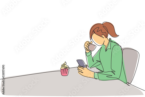 One single line drawing of young female marketing manager chatting with her team member while take a relax at coffee shop. Drinking tea concept continuous line draw vector design graphic illustration