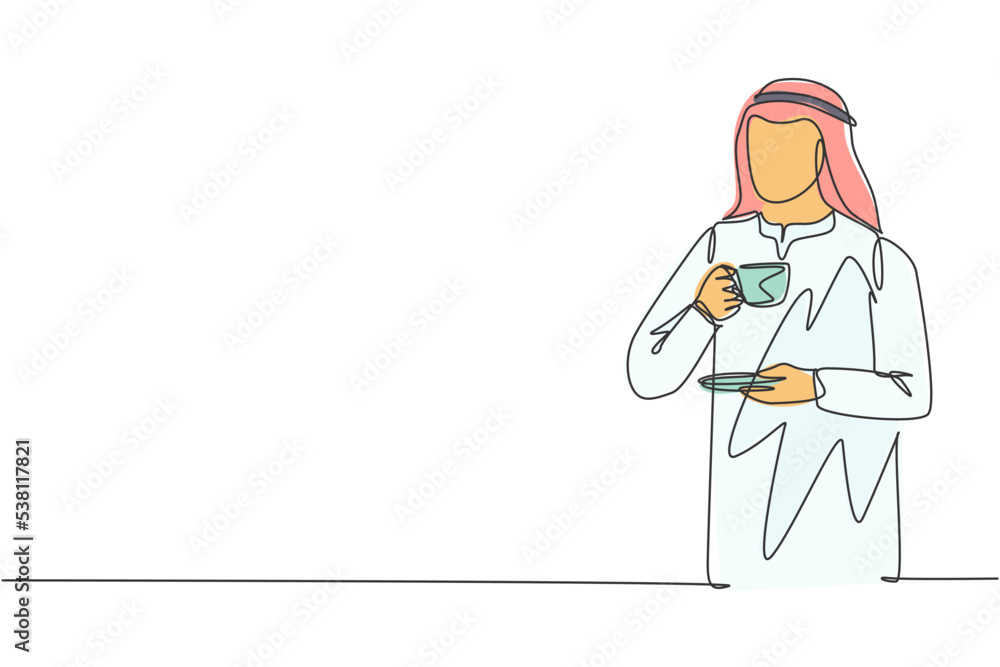 One single line drawing of young male muslim businessman enjoying drink a cup coffee while standing at office corridor. Islamic cloth shemag, kandura, scarf. Continuous line draw design illustration One single line drawing of young male muslim businessman enjoying drink a cup coffee while standing at office corridor. Islamic cloth shemag, kandura, scarf. Continuous line draw design illustration
