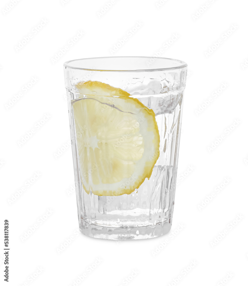 Water with sliced lemon splashing out of glass on white background Water with sliced lemon splashing out of glass on white background
