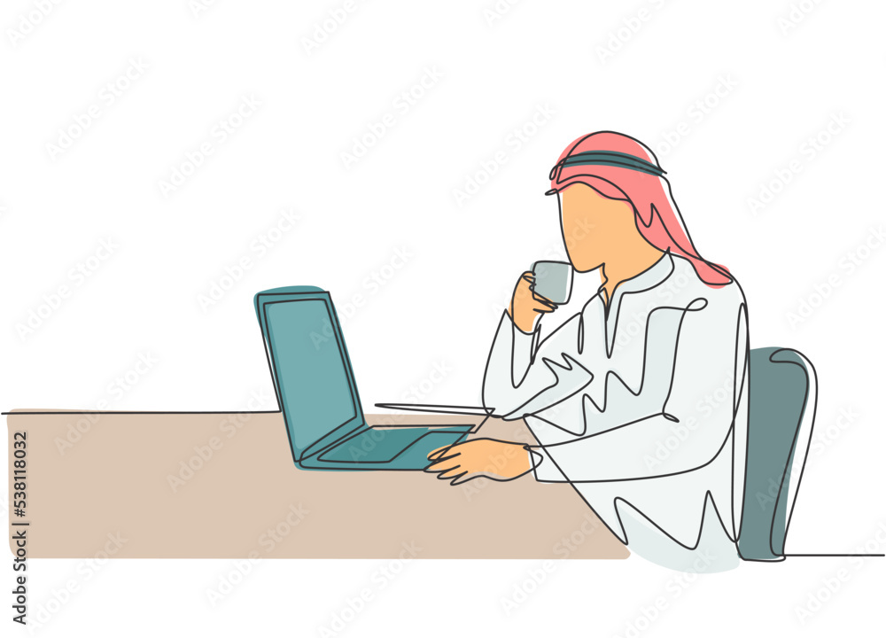 One continuous line drawing of young muslim marketing manager reading sales report from team member. Saudi Arabian male with shmag, kandora, headscarf, thobe, ghutra. One line draw design illustration One continuous line drawing of young muslim marketing manager reading sales report from team member. Saudi Arabian male with shmag, kandora, headscarf, thobe, ghutra. One line draw design illustration