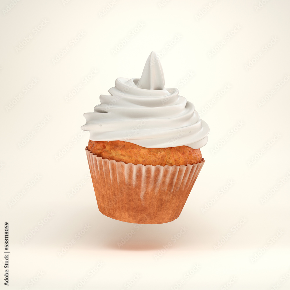 Cupcake with white cream floating on a white background, 3d render Cupcake with white cream floating on a white background, 3d render