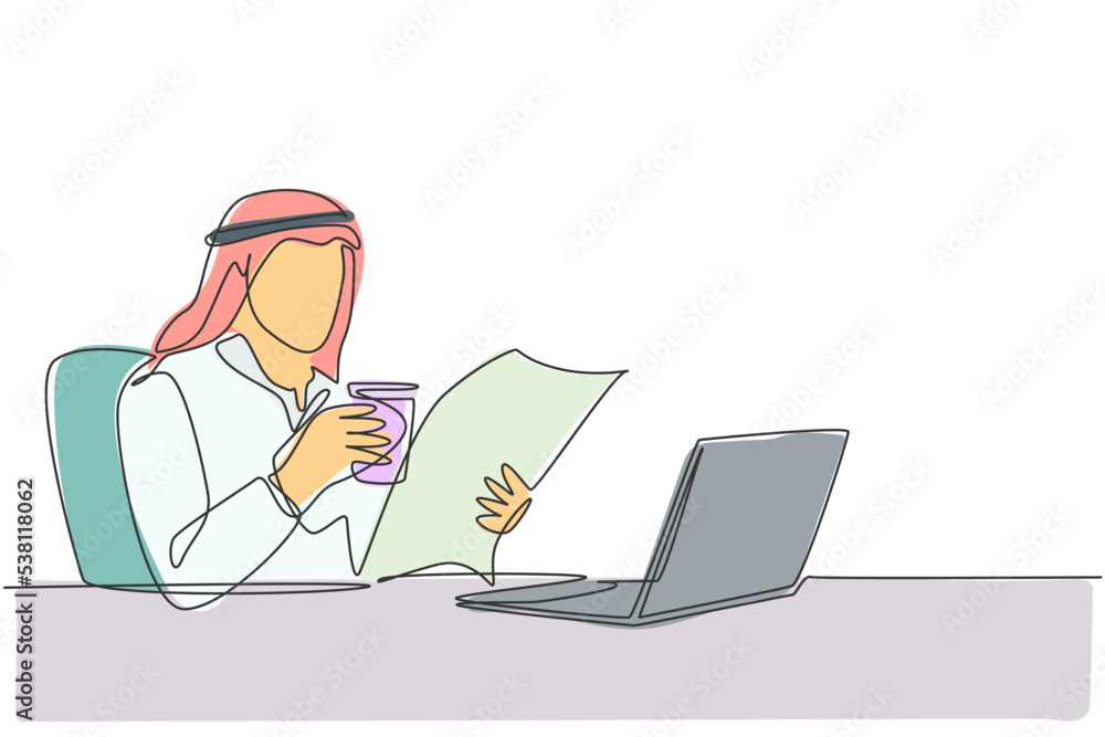 One single line drawing of young muslim businessman reading news on newspaper and internet while take an office break. Islamic clothing shemag, kandura, scarf. Continuous line draw design illustration One single line drawing of young muslim businessman reading news on newspaper and internet while take an office break. Islamic clothing shemag, kandura, scarf. Continuous line draw design illustration