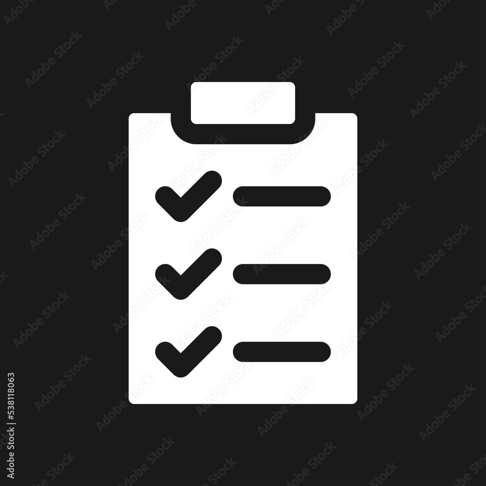 Checklist dark mode glyph ui icon. Wellness to do list. Questions form. User interface design. White silhouette symbol on black space. Solid pictogram for web, mobile. Vector isolated illustration Checklist dark mode glyph ui icon. Wellness to do list. Questions form. User interface design. White silhouette symbol on black space. Solid pictogram for web, mobile. Vector isolated illustration