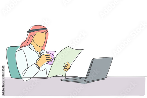 One single line drawing of young muslim businessman reading news on newspaper and internet while take an office break. Islamic clothing shemag, kandura, scarf. Continuous line draw design illustration