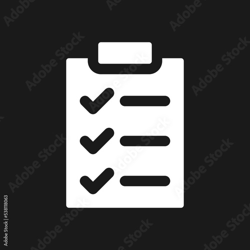 Checklist dark mode glyph ui icon. Wellness to do list. Questions form. User interface design. White silhouette symbol on black space. Solid pictogram for web, mobile. Vector isolated illustration