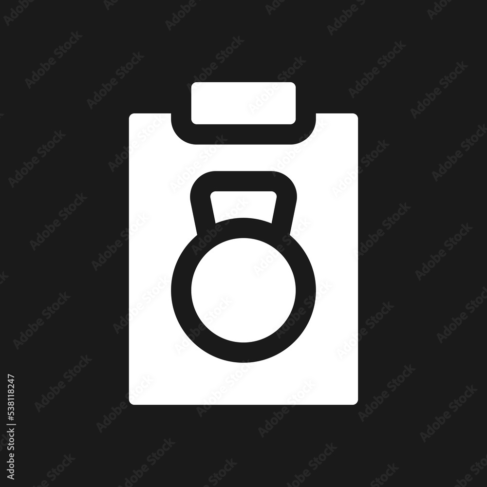 Workout plan dark mode glyph ui icon. Gym practice. Healthy lifestyle. User interface design. White silhouette symbol on black space. Solid pictogram for web, mobile. Vector isolated illustration Workout plan dark mode glyph ui icon. Gym practice. Healthy lifestyle. User interface design. White silhouette symbol on black space. Solid pictogram for web, mobile. Vector isolated illustration
