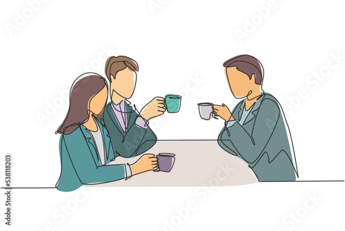 One continuous line drawing of young businessman and businesswoman doing business meeting at restaurant while holding a cup of coffee. Business talk concept. Single line draw design illustration