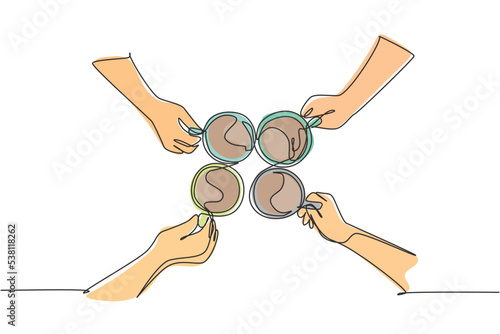 One continuous line drawing of young male and female business people team members hands cheering with glass of coffee from top view. Single line draw design graphic vector illustration