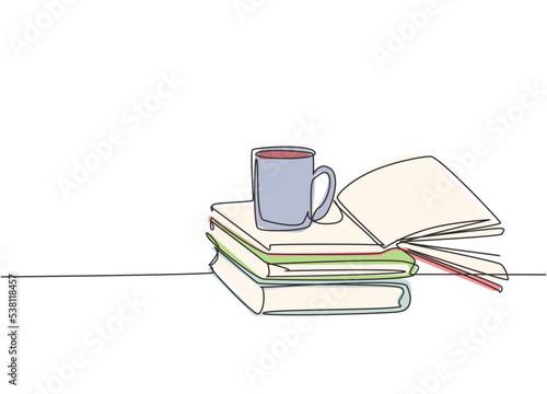 Single continuous line drawing of stack of books with a mug of coffee above on library desk. Business and education concept. One line draw graphic design vector illustration
