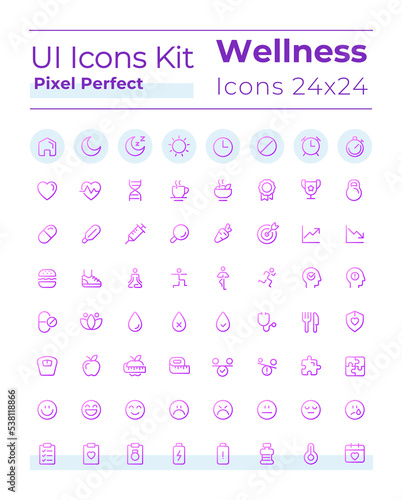 Health and wellness pixel perfect gradient linear ui icons set. Physical wellbeing. Line contour user interface symbols. Vector isolated outline illustrations. Montserrat Bold, Light fonts used