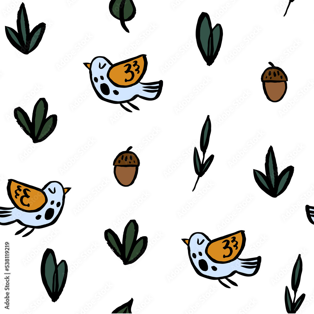 Fototapeta premium Textured hand drawn ink arctic winter seamless pattern with acorns and flying birds 