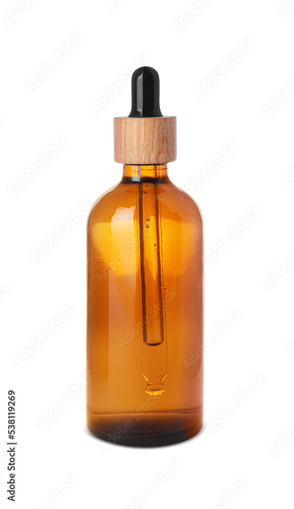 Bottle of essential oil isolated on white