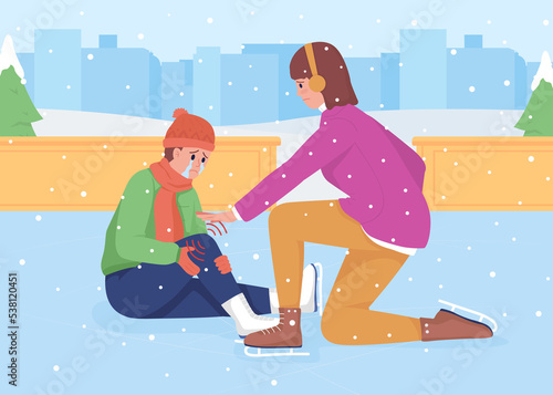 Accident on ice rink flat color raster illustration. Winter accident. Worried mom. Everyday situation. Daily life. Mother with kid 2D cartoon characters with winter cityscape on background