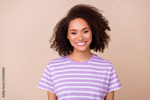 Closeup photo of young attractive pretty nice girl toothy smile positive mood look you showing new veneers dentistry isolated on beige color background © deagreez