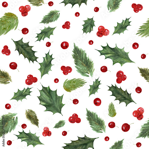 Watercolor floral Christmas seamless pattern with hand drawn aquarelle holly branches, leaves and berries illustration. Repeat nature floral background for wrapping, packaging design or print.