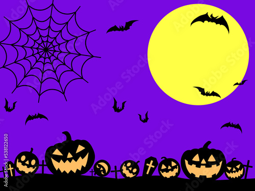 ハロウィン　お化けかぼちゃのシルエットに満月とこうもりとくもの巣の背景
