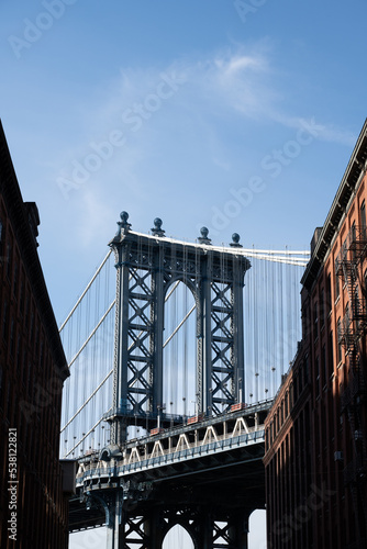 Tower of the Manhattan Bridge seen from the DUMBO neighborhood in Brooklyn