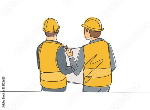 Single continuous line drawing of young company manager presenting proposal construction plan to the investor. Building architecture business concept. One line draw vector graphic design illustration