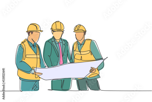 One continuous line drawing of young construction coordinator discussing construction design plan to team member. Building architecture business concept. Single line draw design graphic illustration