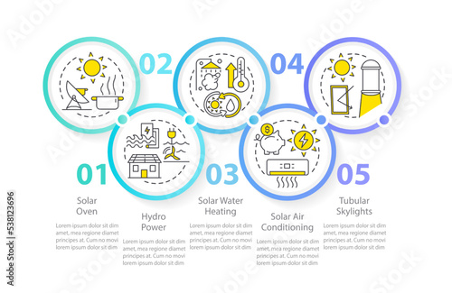 Power house with renewable energy options circle infographic template. Data visualization with 5 steps. Editable timeline info chart. Workflow layout with line icons. Myriad Pro-Regular font used